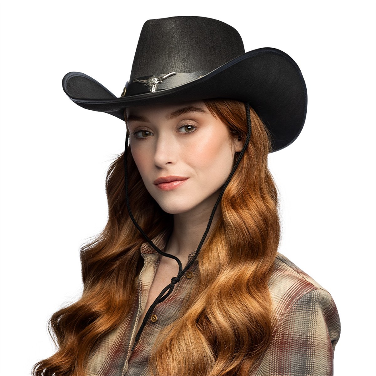 Cowboyhat str. 59 – Sort Westernhat med Longhorn-bånd og Guldnitter Cowboyhat str. 59 – Sort Westernhat med Longhorn-bånd og Guldnitter