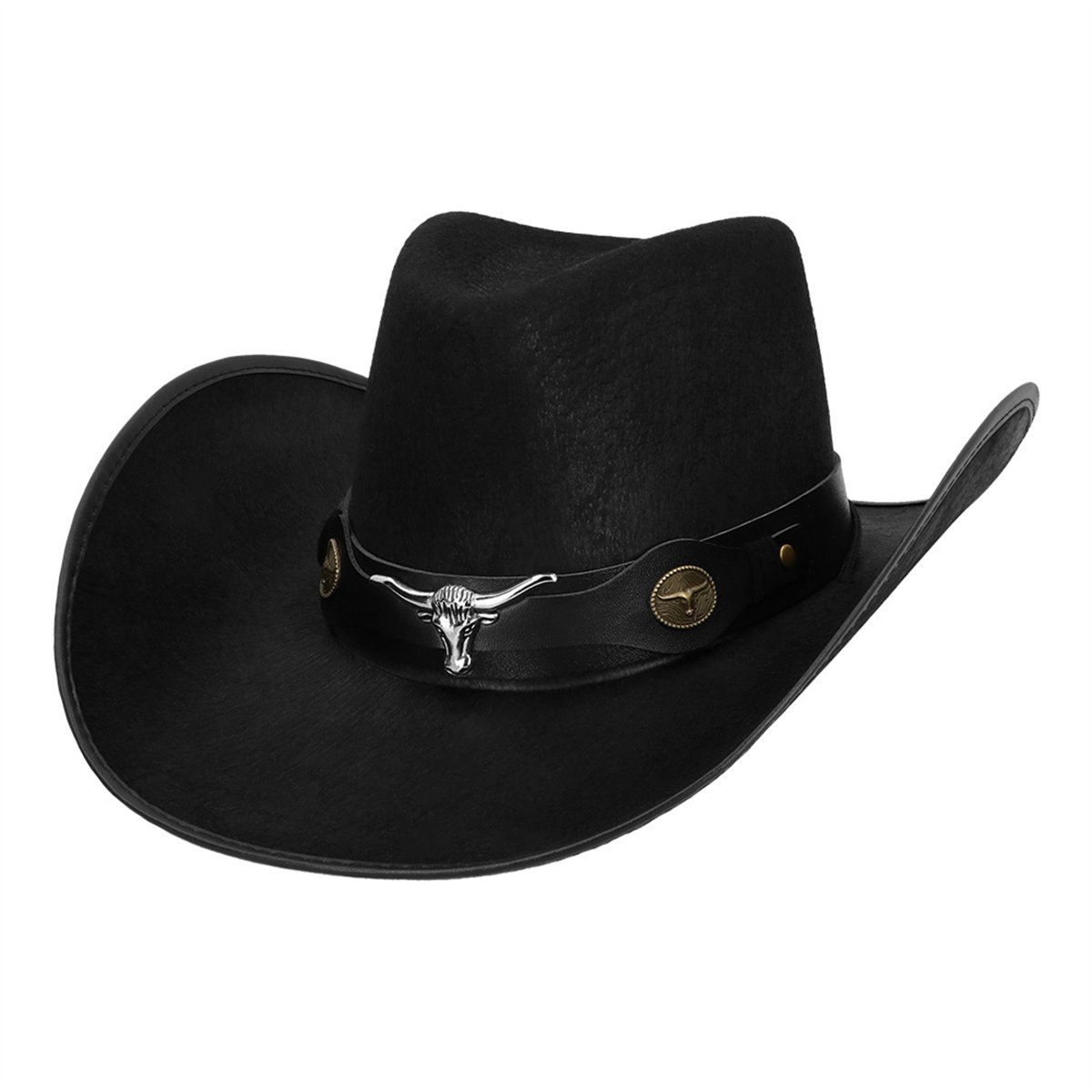 Cowboyhat str. 59 – Sort Westernhat med Longhorn-bånd og Guldnitter Cowboyhat str. 59 – Sort Westernhat med Longhorn-bånd og Guldnitter