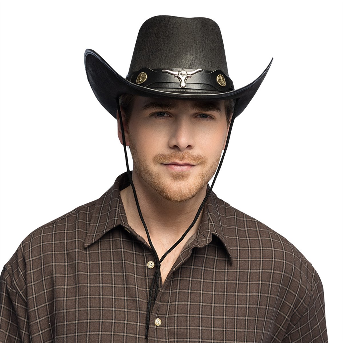 Cowboyhat str. 59 – Sort Westernhat med Longhorn-bånd og Guldnitter Cowboyhat str. 59 – Sort Westernhat med Longhorn-bånd og Guldnitter