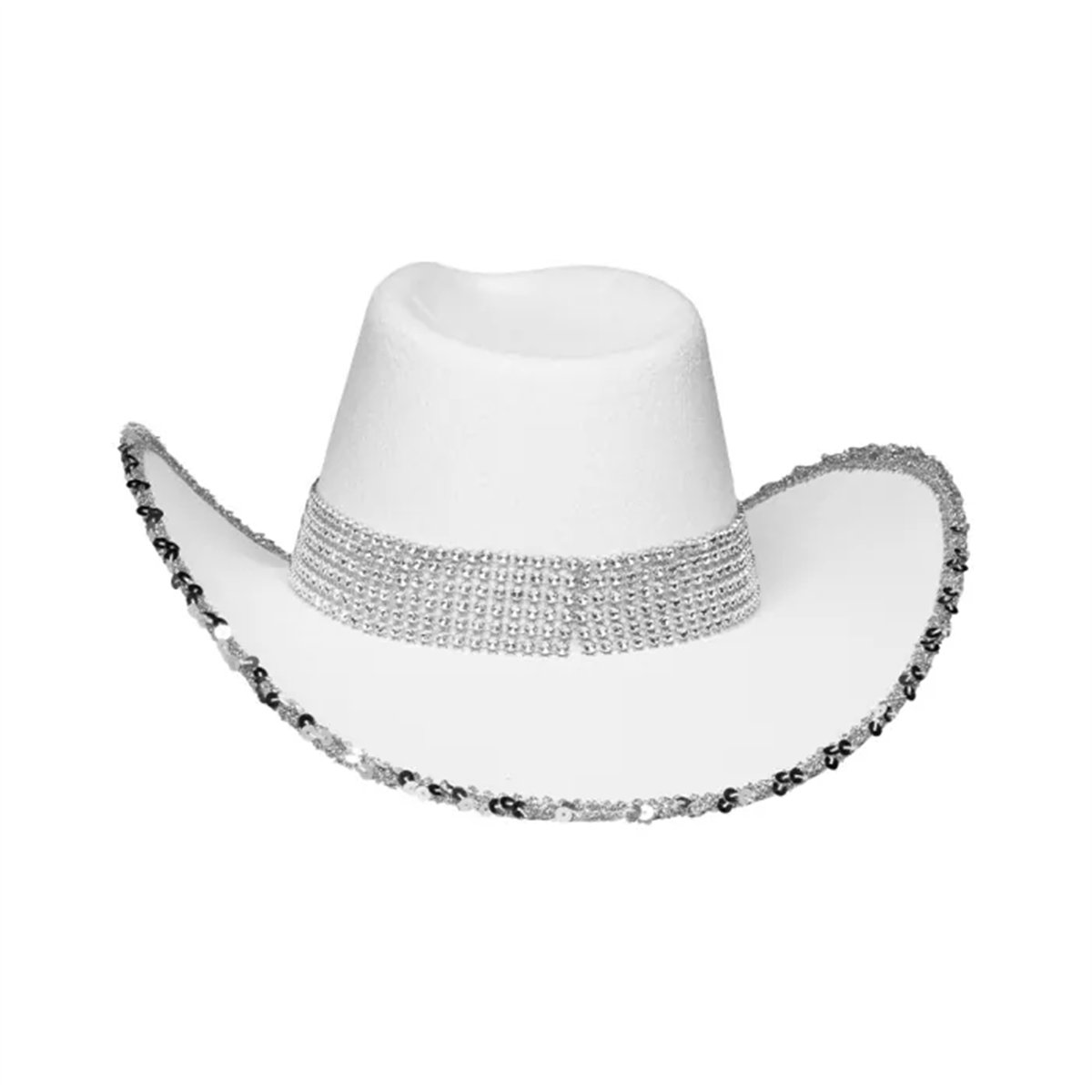 Cowboyhat Spark Hvid &ndash; Hat med S&oslash;lvfarvet Pailletskygge