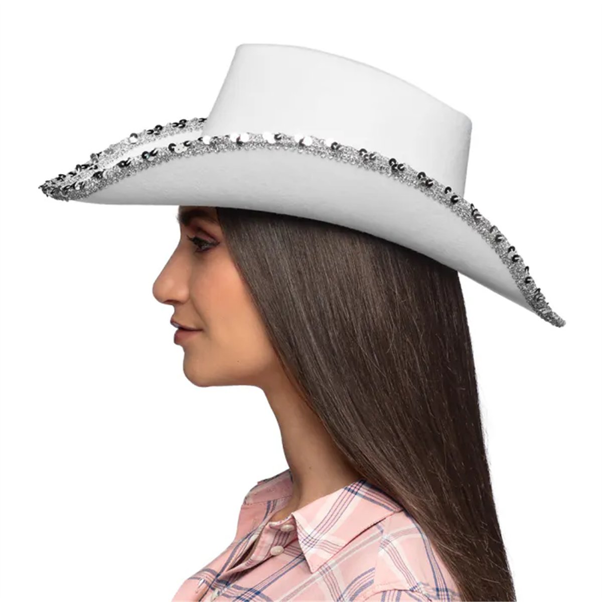 Cowboyhat Spark Hvid &ndash; Hat med S&oslash;lvfarvet Pailletskygge