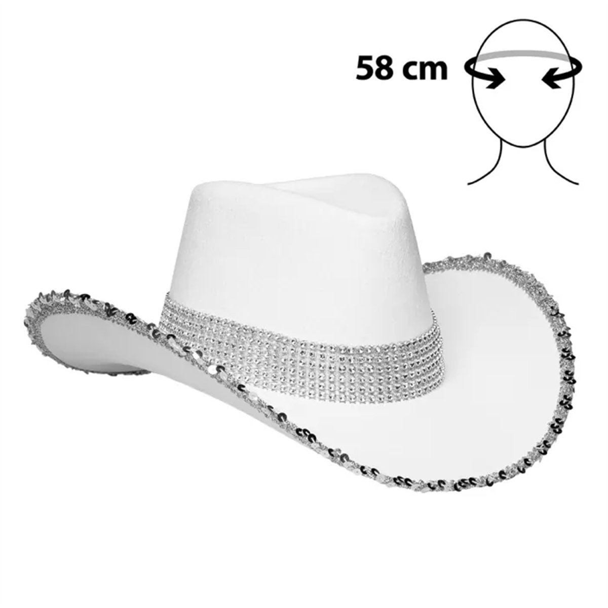Cowboyhat Spark Hvid &ndash; Hat med S&oslash;lvfarvet Pailletskygge