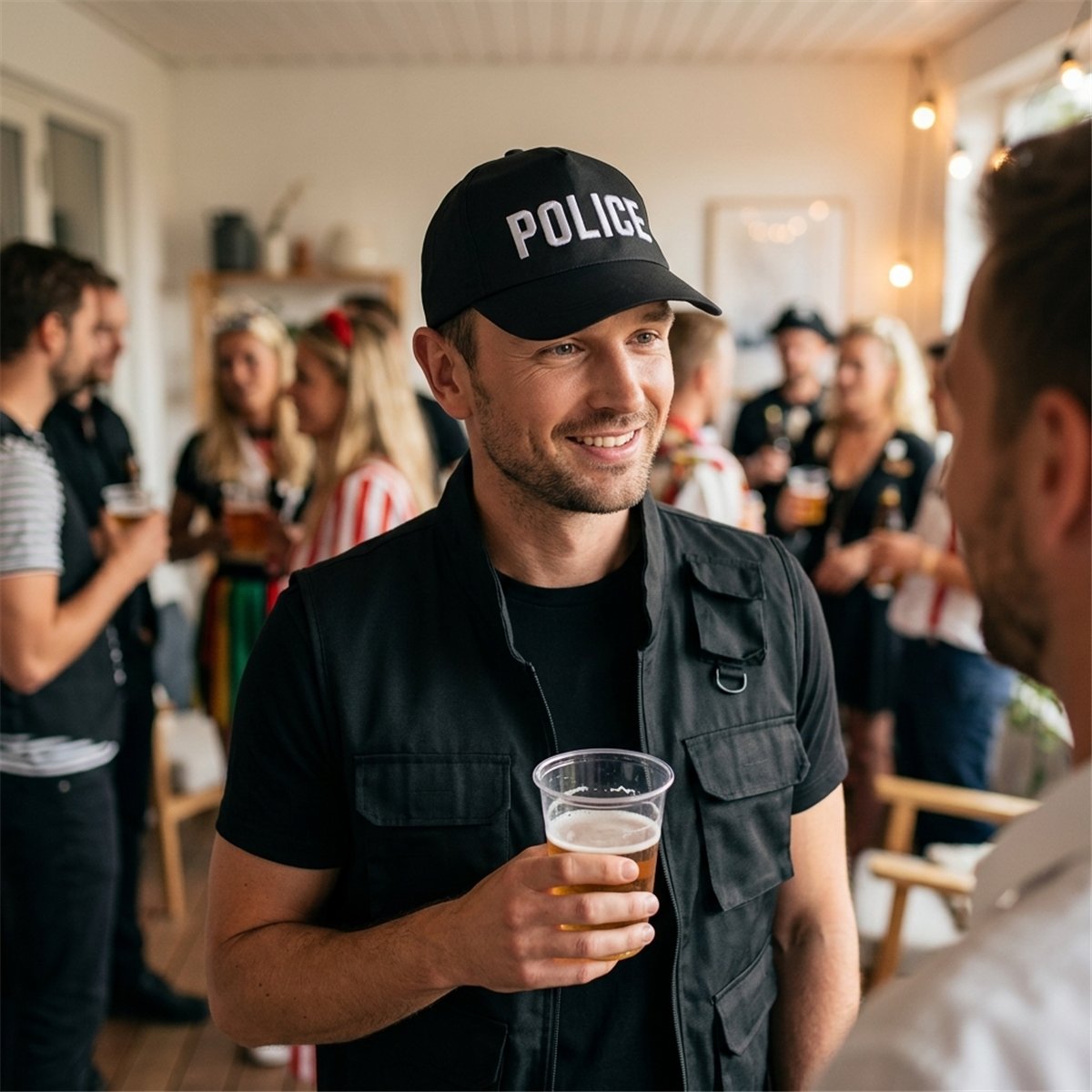Politikasket &ndash; Sort Kasket med Broderet POLICE-tekst
