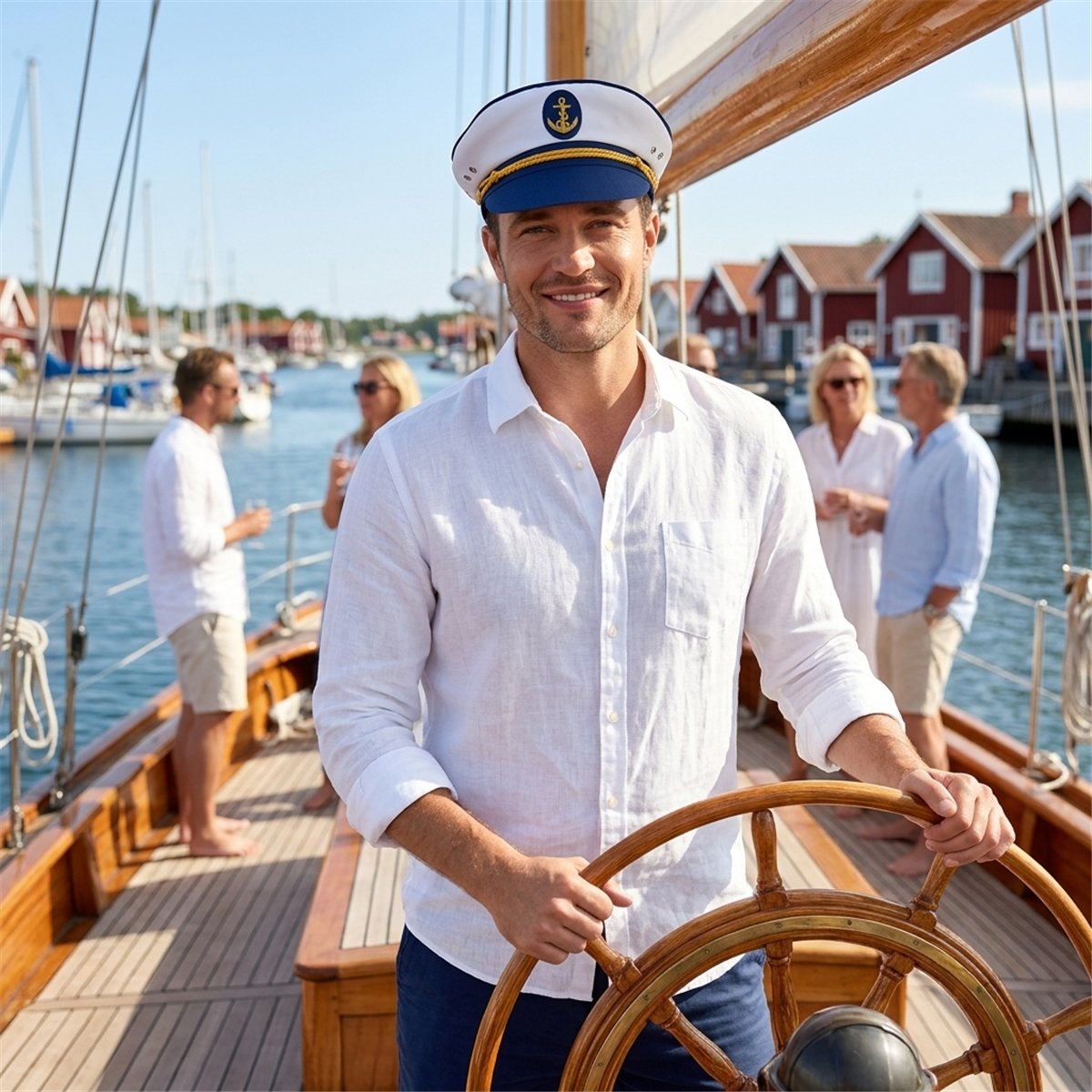 Kaptajnkasket – Hvid og Marineblå Skibskasket med Anker og Guldsnor Kaptajnkasket – Hvid og Marineblå Skibskasket med Anker og Guldsnor