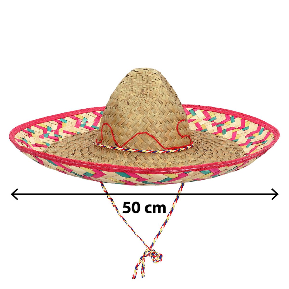 Sombrero &Oslash; 50 cm &ndash; Naturfarvet Palmehat med Farvede Detaljer og Sn&oslash;re