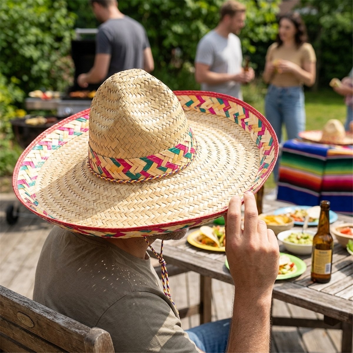 Sombrero &Oslash; 50 cm &ndash; Naturfarvet Palmehat med Farvede Detaljer og Sn&oslash;re
