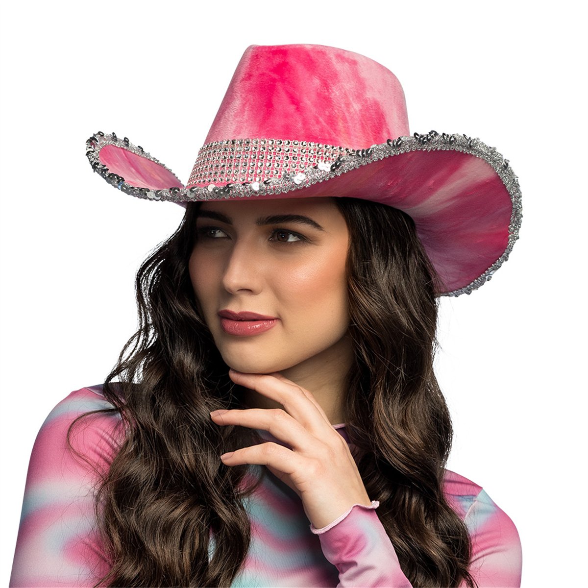 Cowboyhat – Lyserød og Orange Tie-Dye Hat i Fløjlslook med Rhinsten Cowboyhat – Lyserød og Orange Tie-Dye Hat i Fløjlslook med Rhinsten