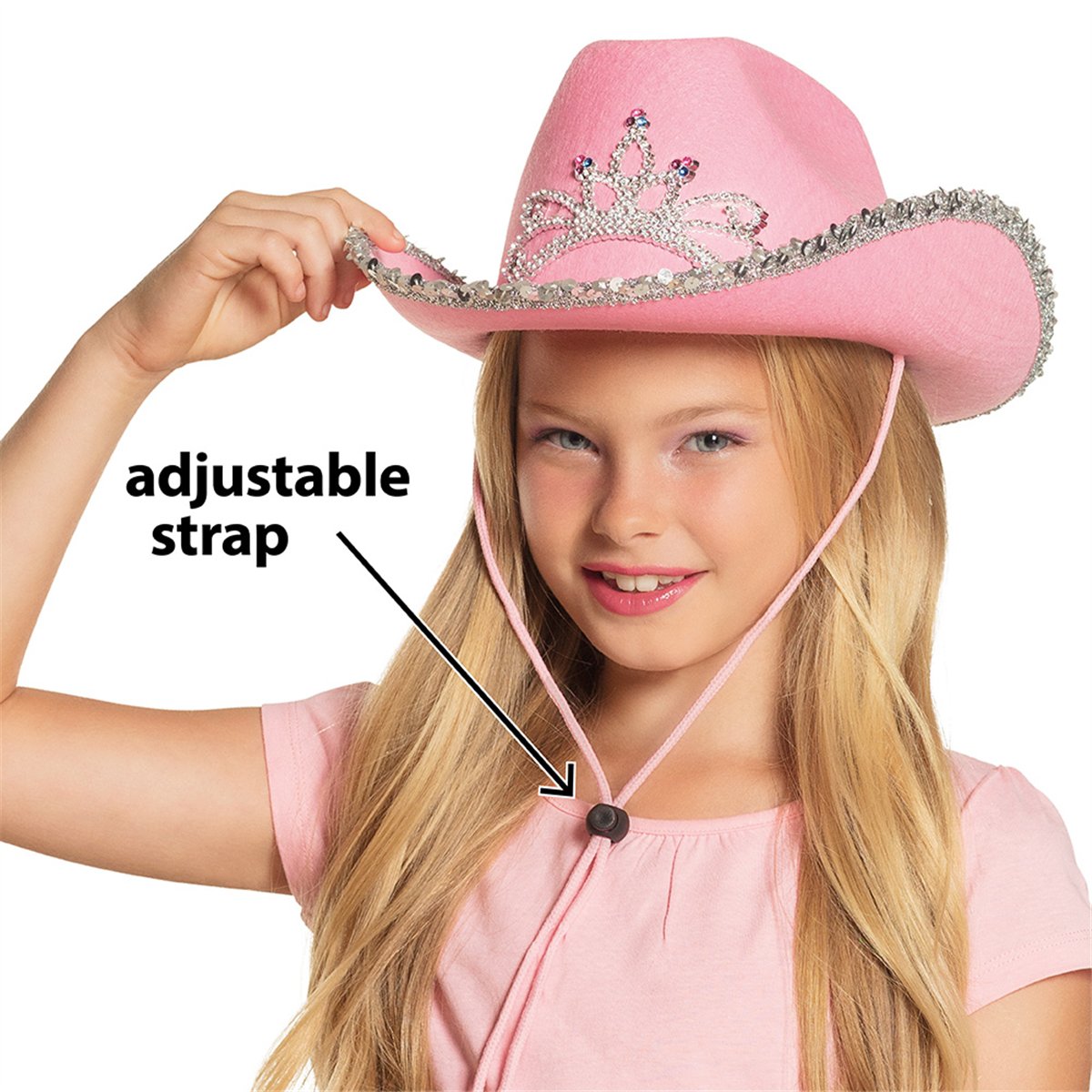 Cowboyhat B&oslash;rn &ndash; Lyser&oslash;d Glimmerhat med Fastsyet Tiara