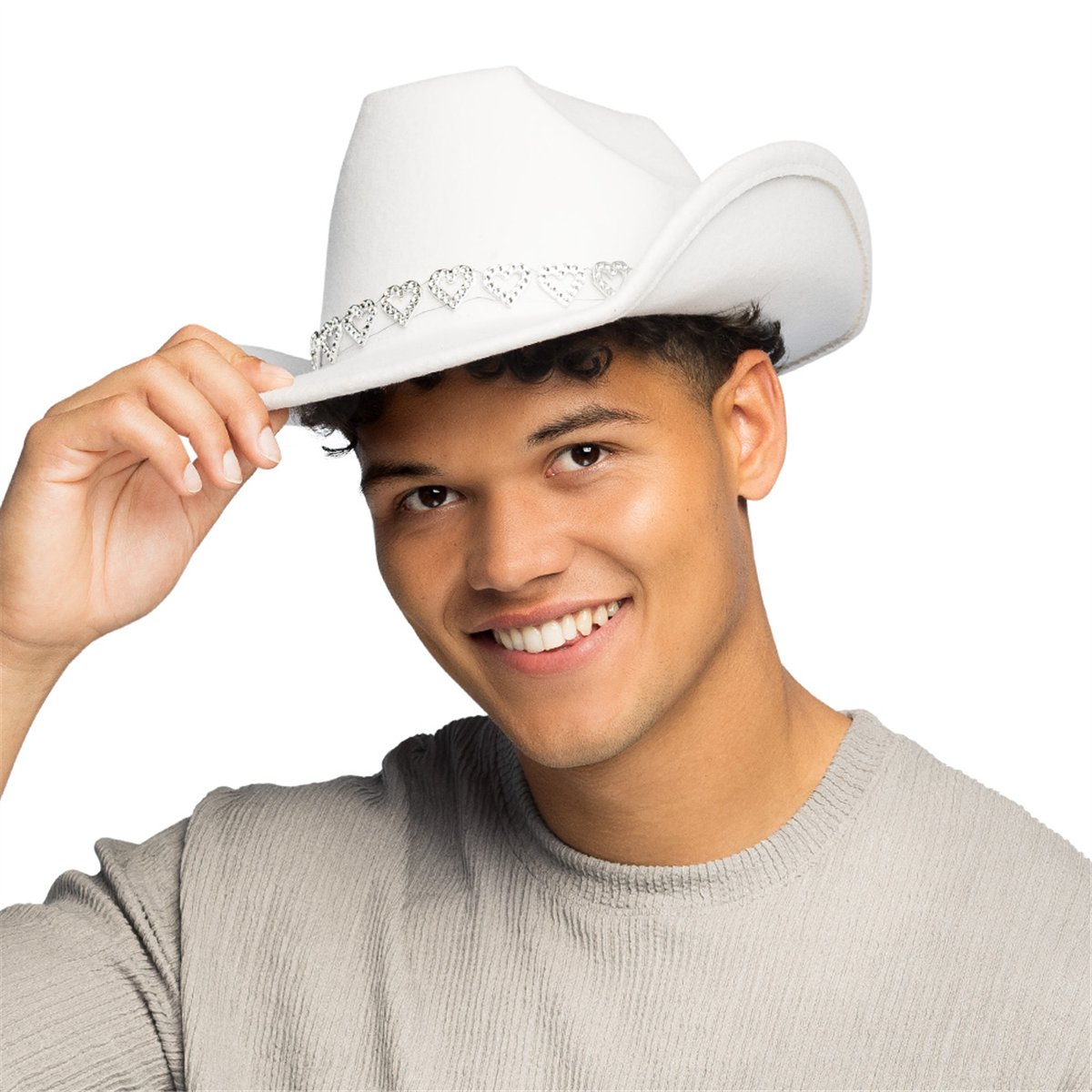 Cowboyhat &ndash; Hvid Westernhat med B&aring;nd af Glitterhjerter