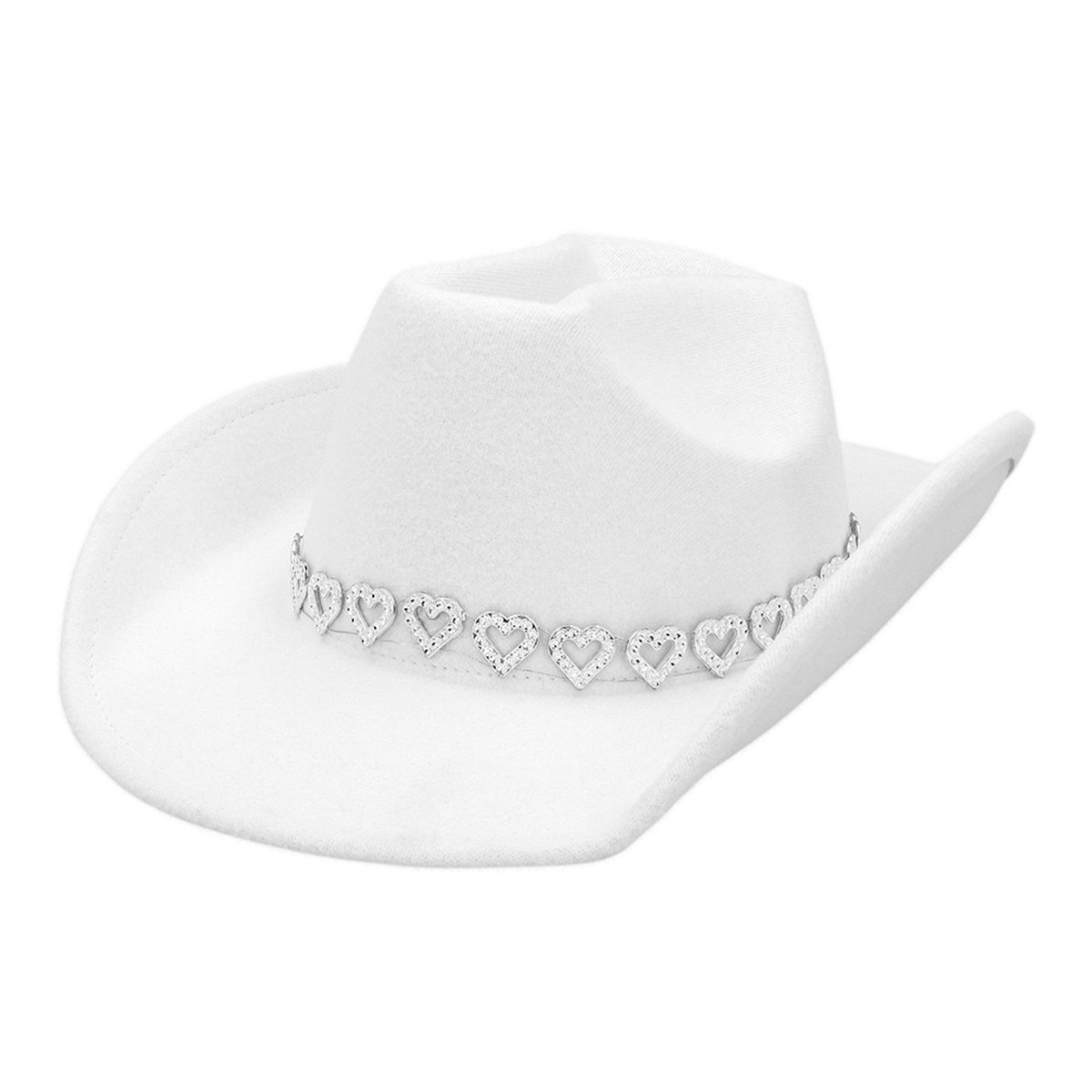 Cowboyhat &ndash; Hvid Westernhat med B&aring;nd af Glitterhjerter