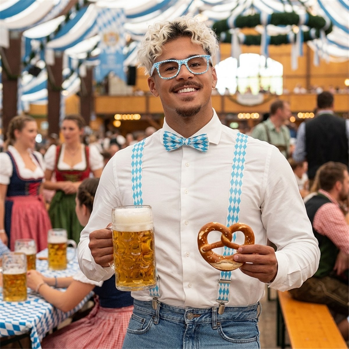 Oktoberfest s&aelig;t &ndash; Briller, Butterfly og Seler i Bl&aring;t/Hvidt Ternet