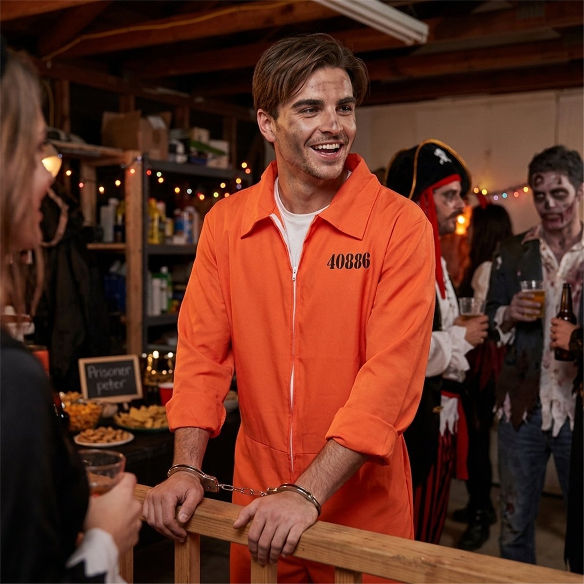 Kostume str. XL Fange &ndash; Orange Heldragt med Fangenummer