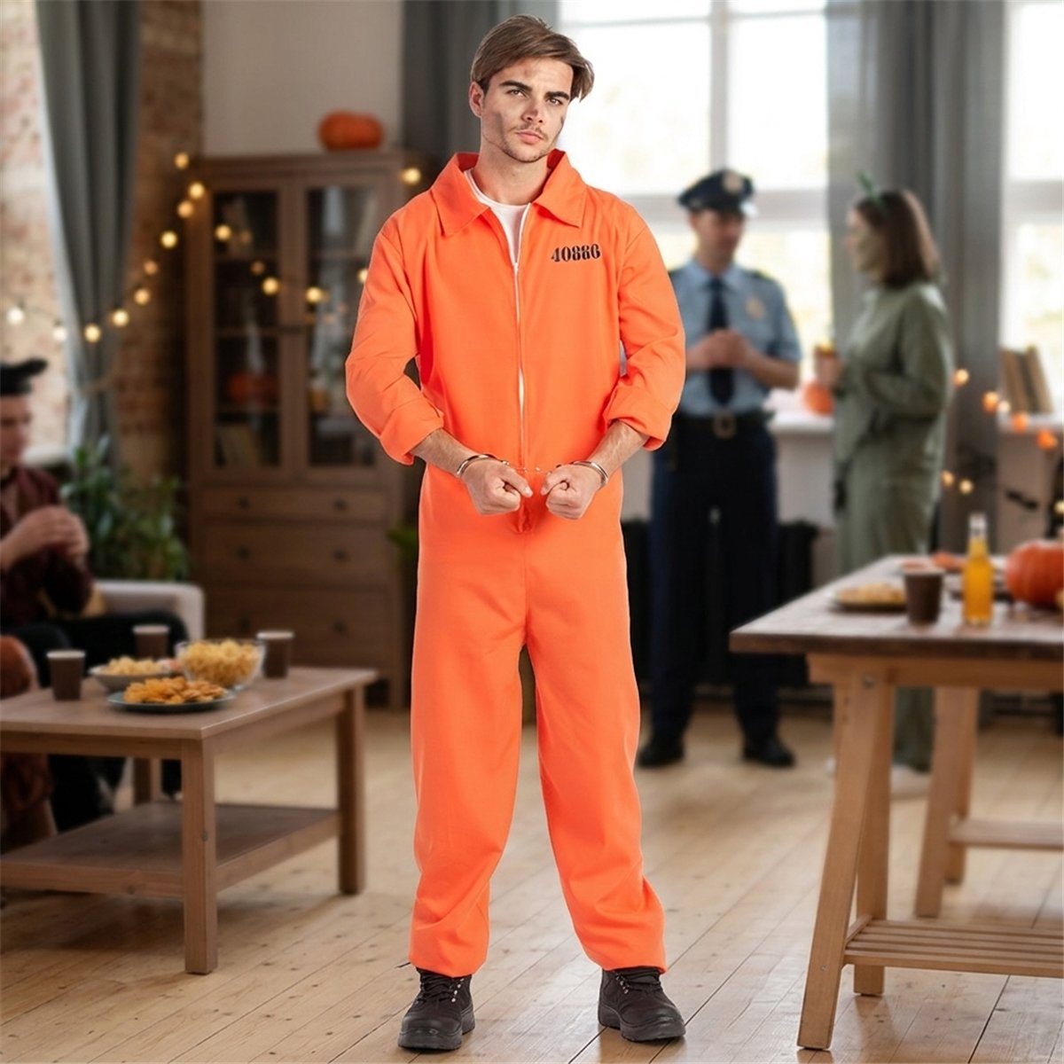 Kostume str. M/L Fange – Orange Heldragt med Fangenummer Kostume str. M/L Fange – Orange Heldragt med Fangenummer