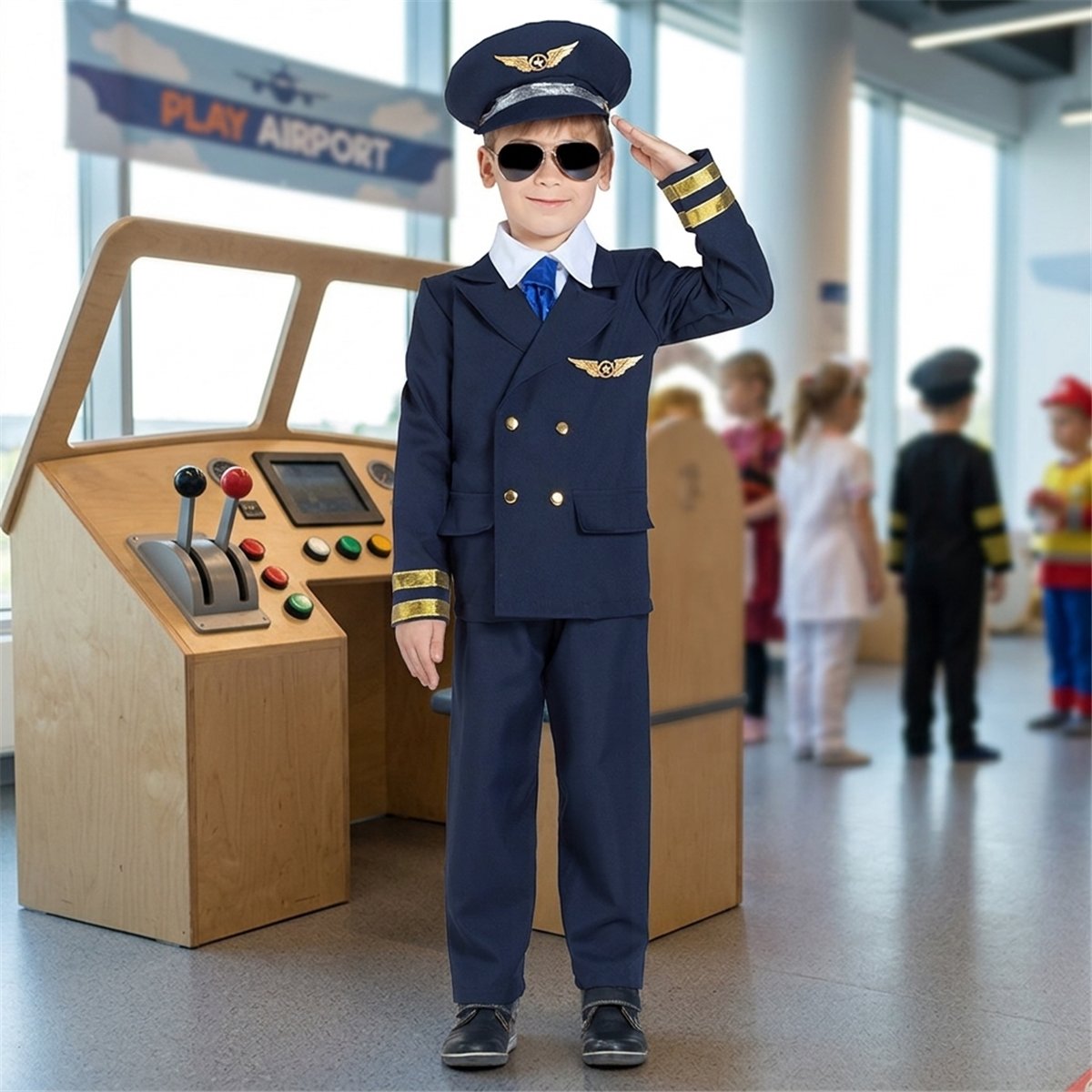 Kostume str. 5-6 år Pilot – Femdelt Kaptajnuniform med Kasket Kostume str. 5-6 år Pilot – Femdelt Kaptajnuniform med Kasket