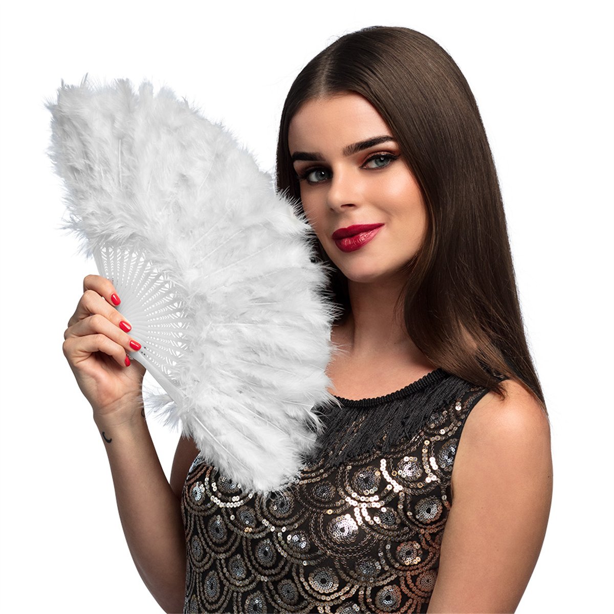 Fjervifte Hvid 23 cm – Flapper Vifte til 20'er-tema Fjervifte Hvid 23 cm – Flapper Vifte til 20'er-tema