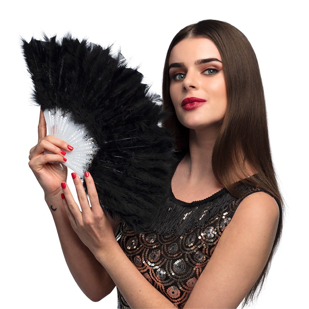 Fjervifte Sort 23 cm – Flapper Vifte til 20'er-tema Fjervifte Sort 23 cm – Flapper Vifte til 20'er-tema