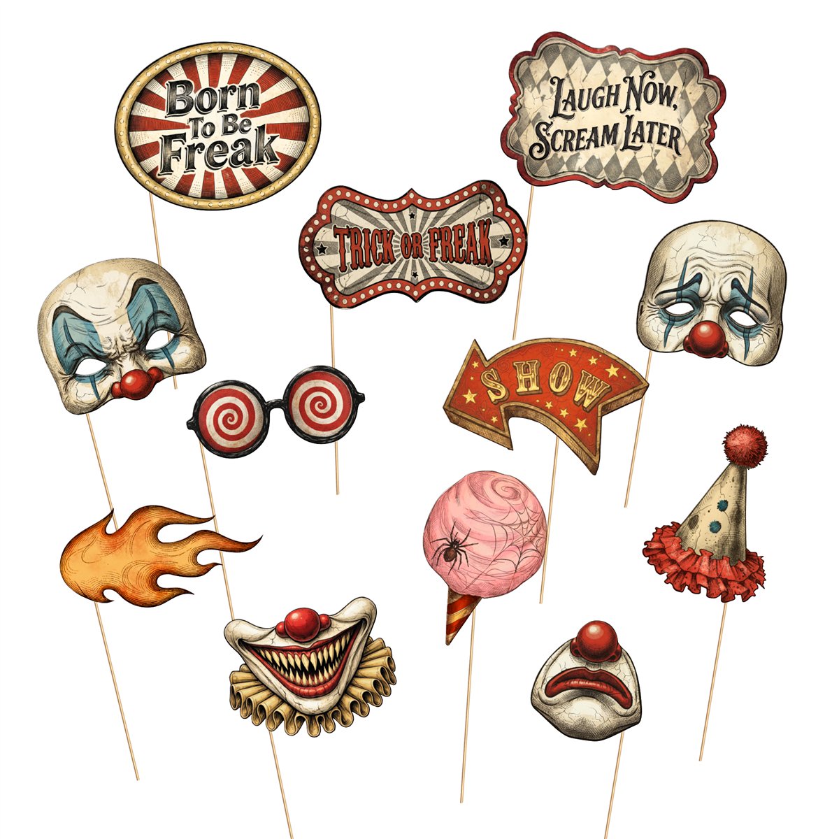 Halloween Fotorekvisitter Freak Show – Sæt med 12 Dele Halloween Fotorekvisitter Freak Show – Sæt med 12 Dele