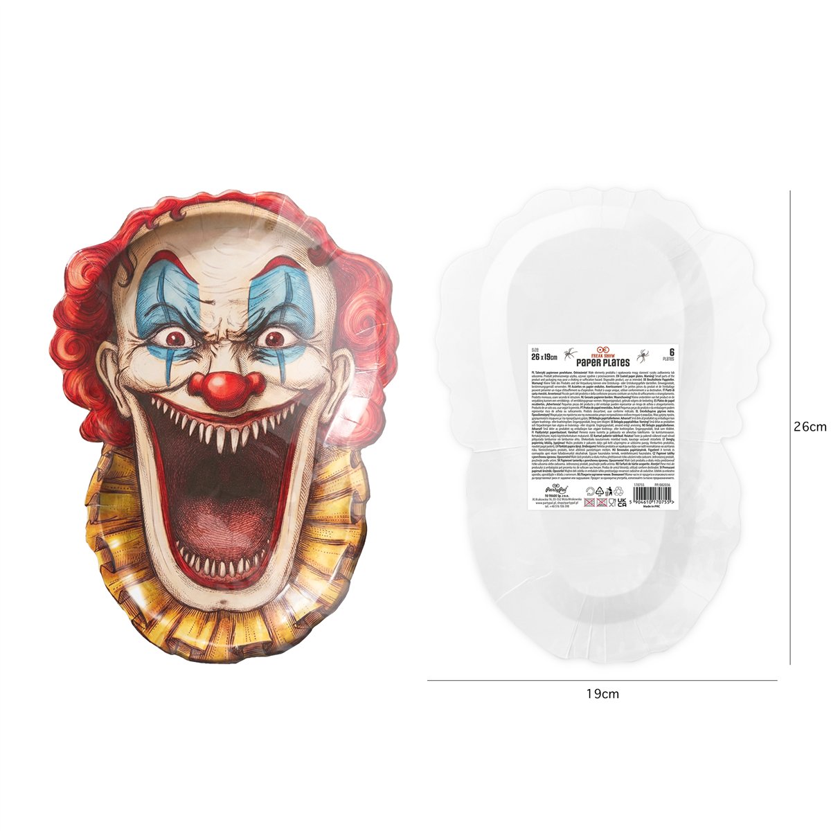 6 stk. Halloween Paptallerkener Freak Show - Klovnehoved