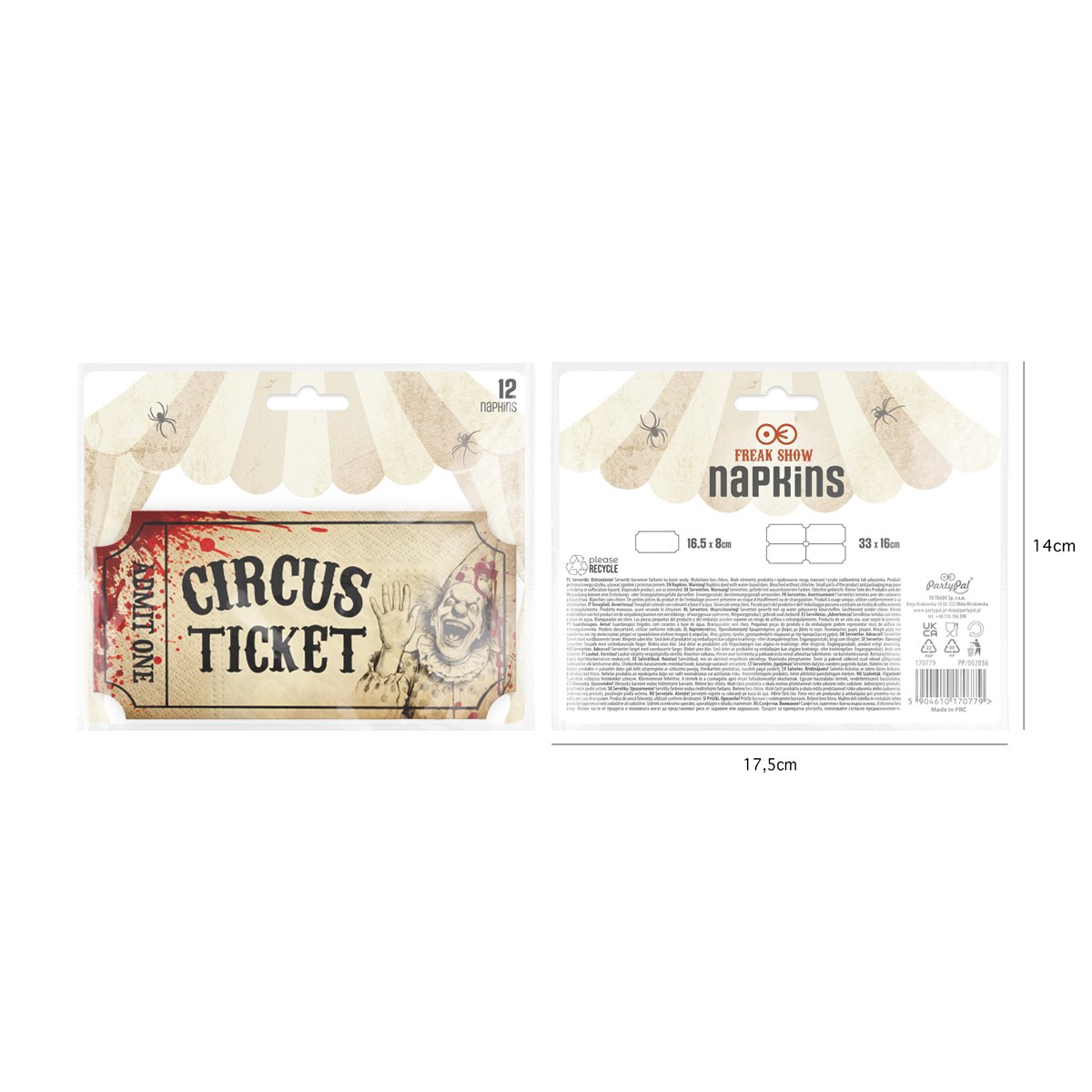 12 stk. Halloween Servietter Freak Show - Cirkusbillet
