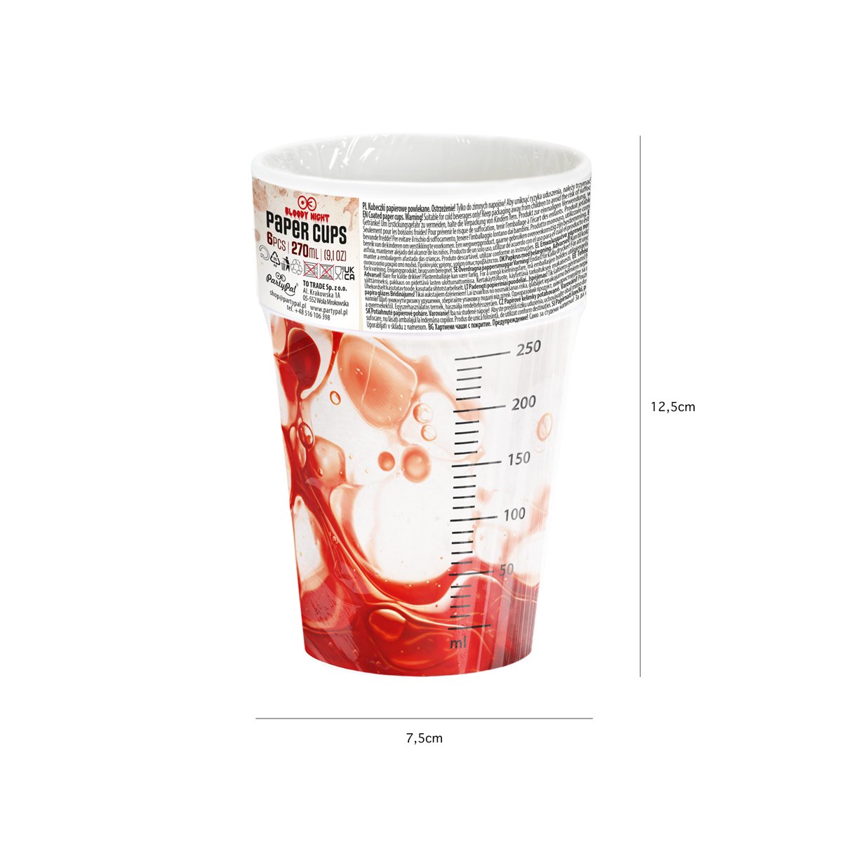 6 stk. Halloween papkrus "Bloody Night" &aacute; 270 ml, 9 cm h&oslash;je