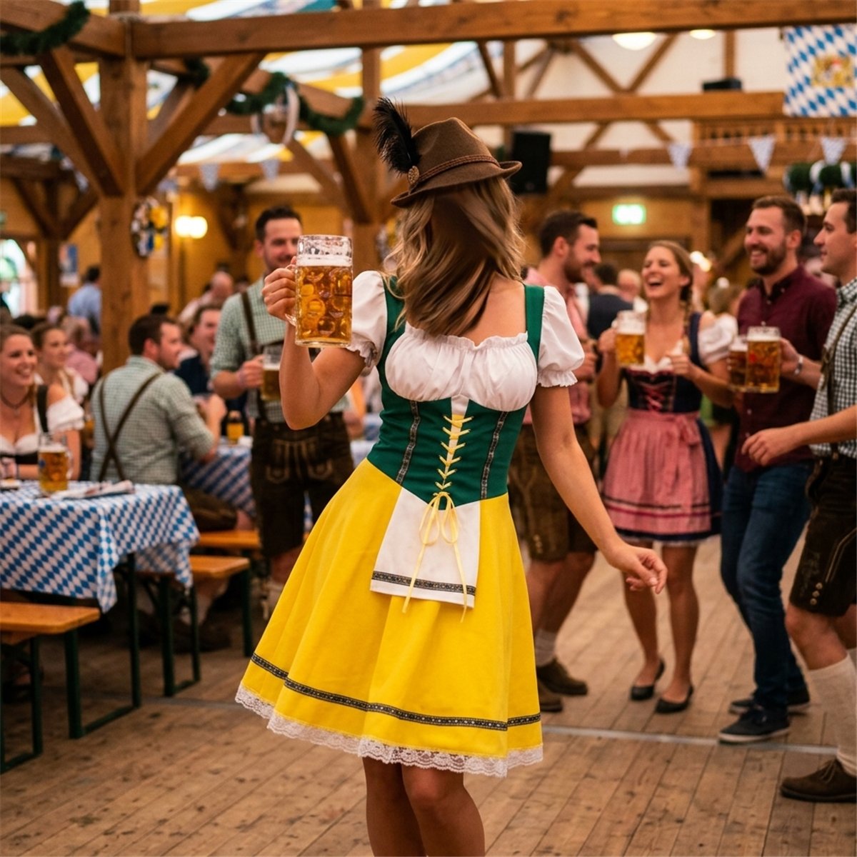 Tyrolerkjole str. S  Dirndl Bayerske Enge, gul/gr&oslash;n