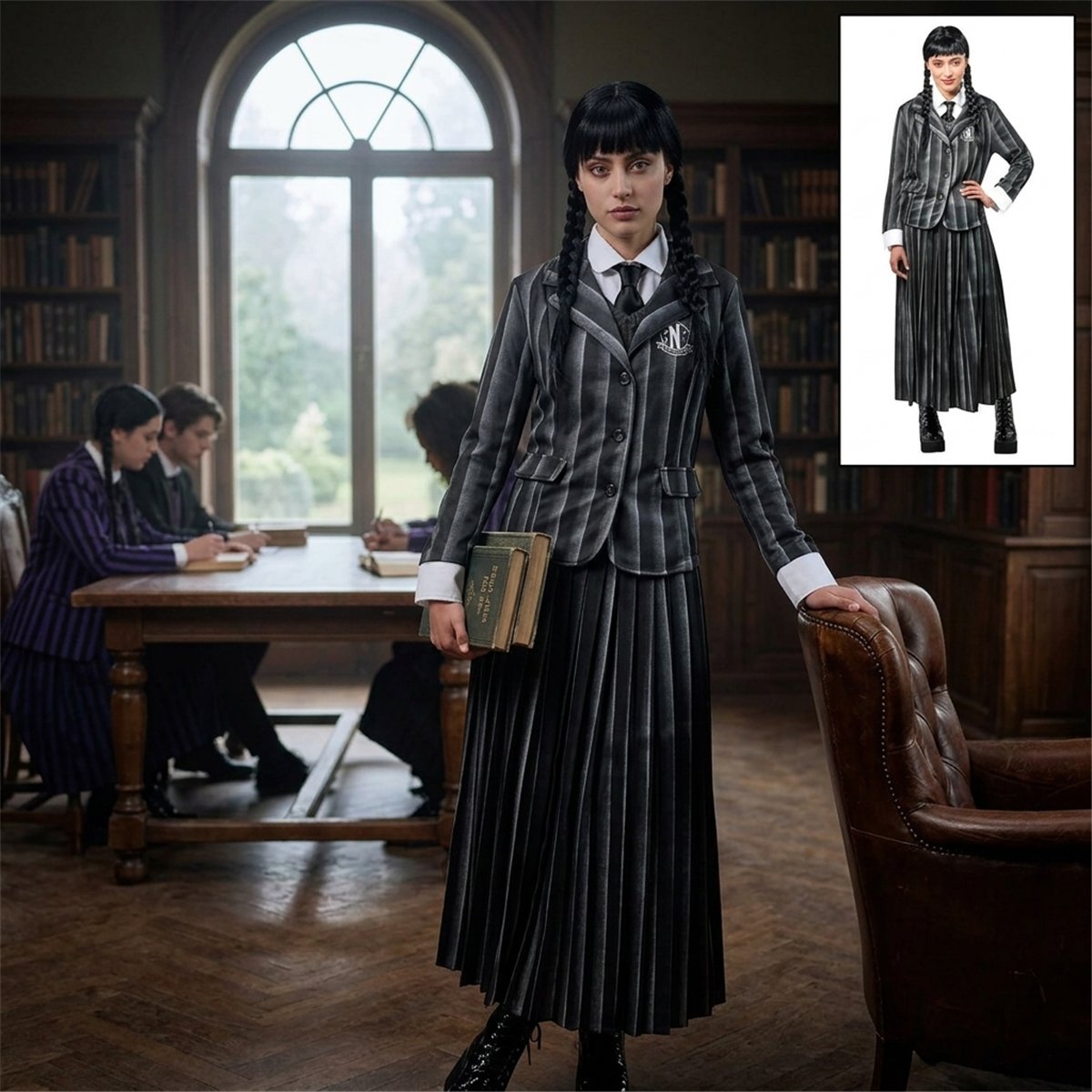 Wednesday&reg; Addams skoleuniform str. L - firedelt Nevermore-s&aelig;t