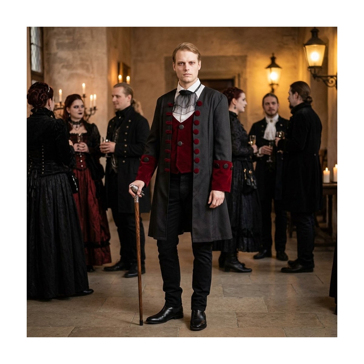 Gotisk vampyrkostume str. L &ndash; lang frakke, vest og halsklud