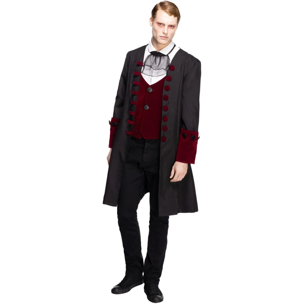 Gotisk vampyrkostume str. L – lang frakke, vest og halsklud Gotisk vampyrkostume str. L – lang frakke, vest og halsklud