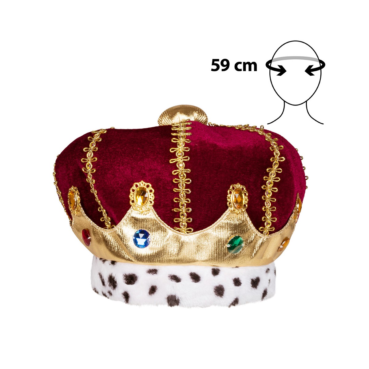Kongekrone Voksen bordeauxr&oslash;d fl&oslash;jl med hermelin-kant 59 cm