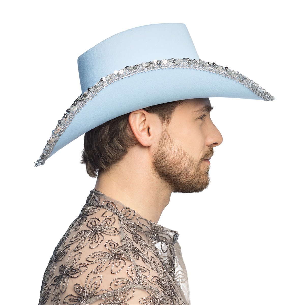 Lysebl&aring; Cowboyhat UV-effekt &ndash; med Rhinsten