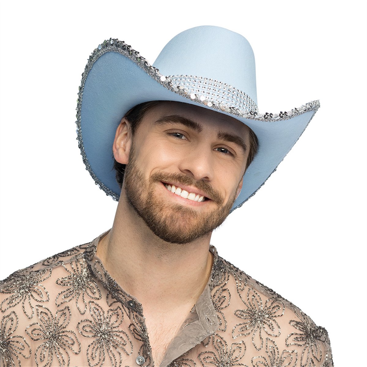 Lysebl&aring; Cowboyhat UV-effekt &ndash; med Rhinsten