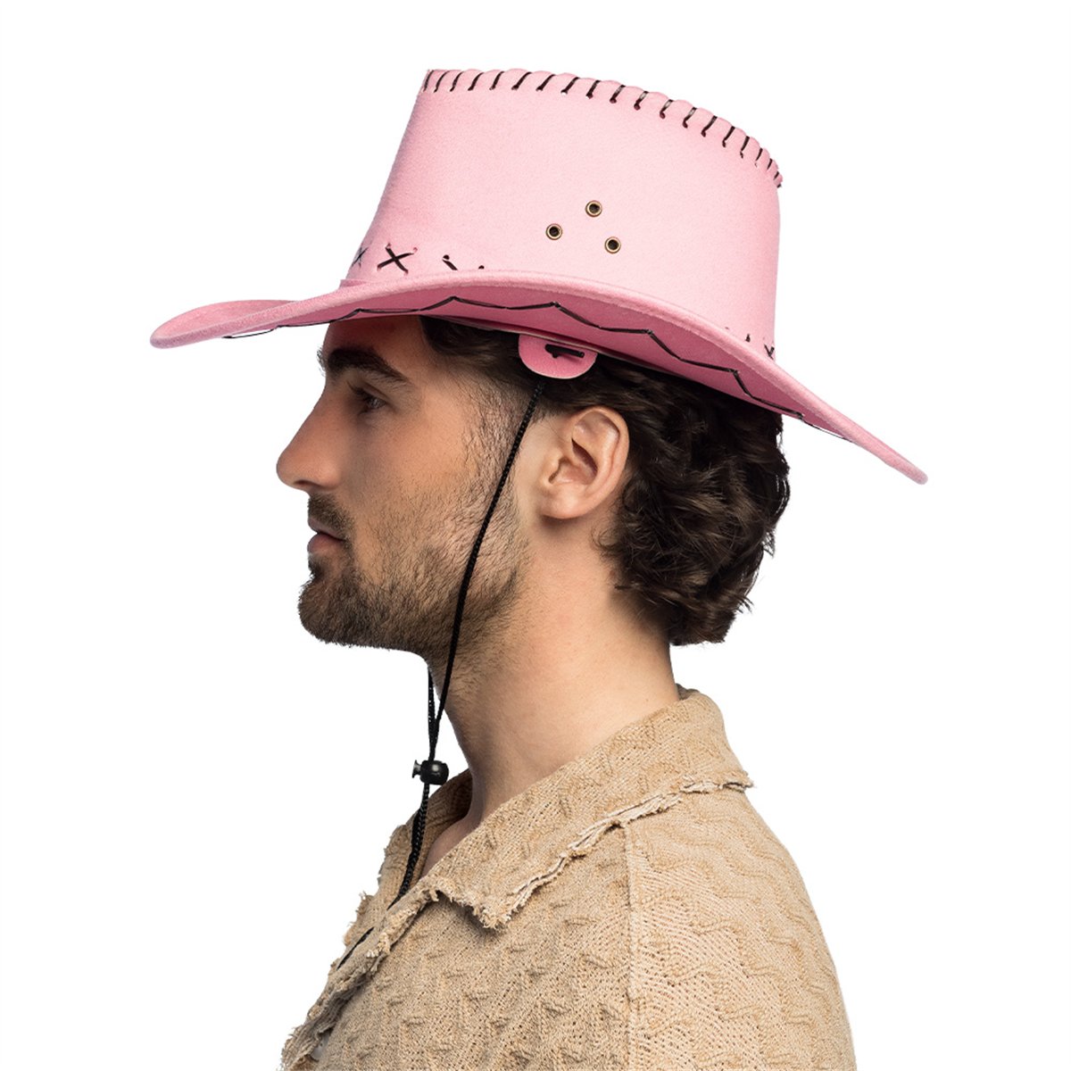 Cowboyhat &ndash; Savanne pink Westernhat i L&aelig;derlook med Hagerem
