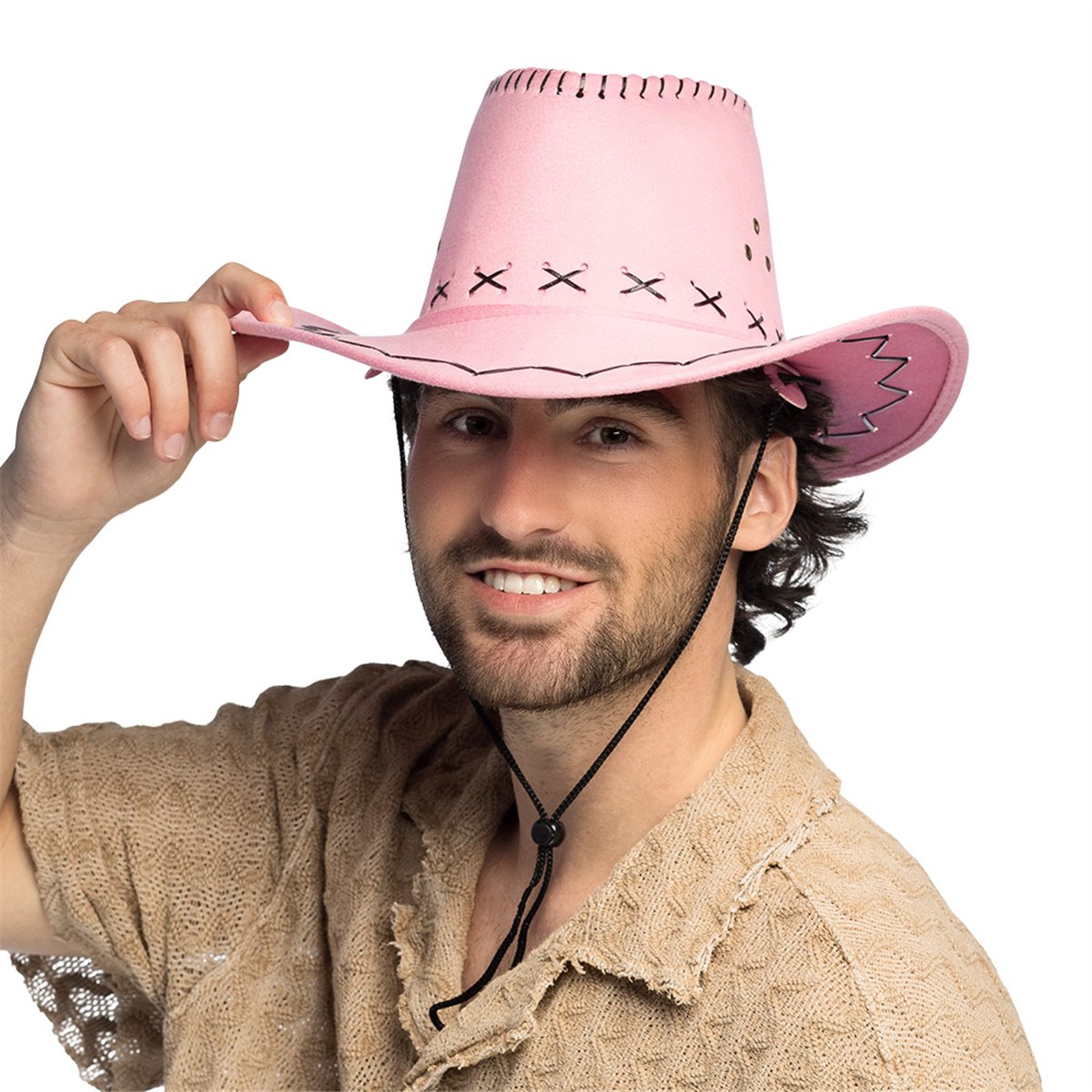 Cowboyhat &ndash; Savanne pink Westernhat i L&aelig;derlook med Hagerem