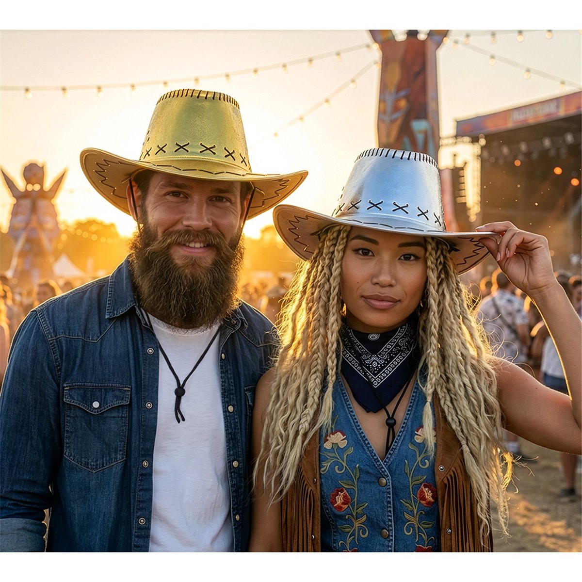 Cowboyhat – Guld Metallic Westernhat med Hagerem Cowboyhat – Guld Metallic Westernhat med Hagerem