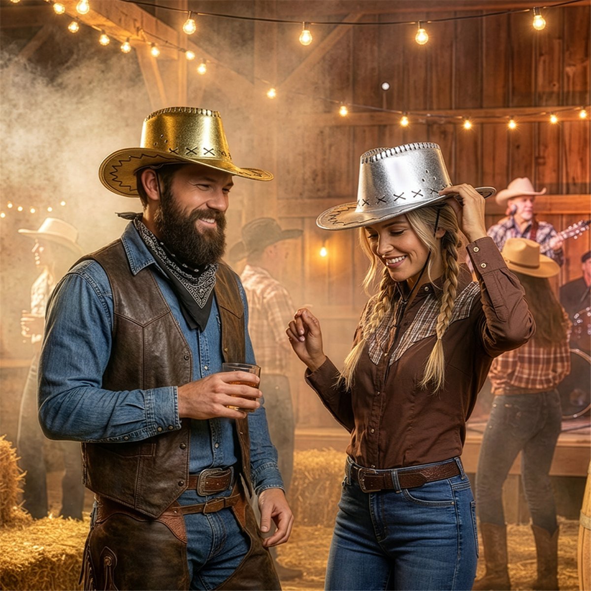 Cowboyhat – Guld Metallic Westernhat med Hagerem Cowboyhat – Guld Metallic Westernhat med Hagerem