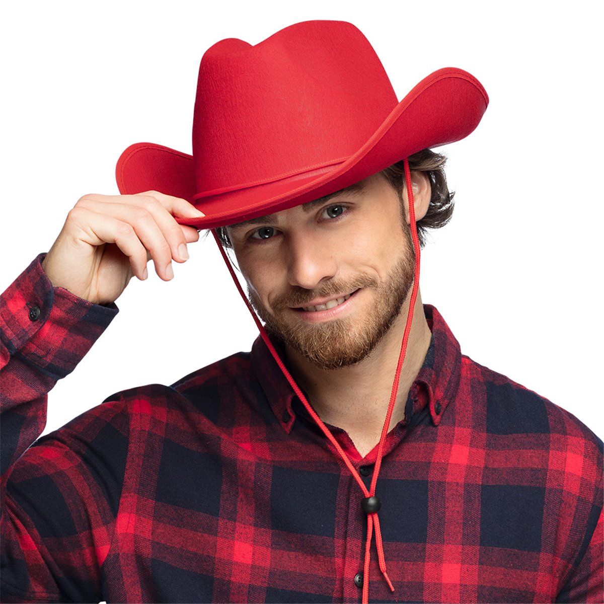 Cowboyhat &ndash; R&oslash;d Filthat med Hagesnor