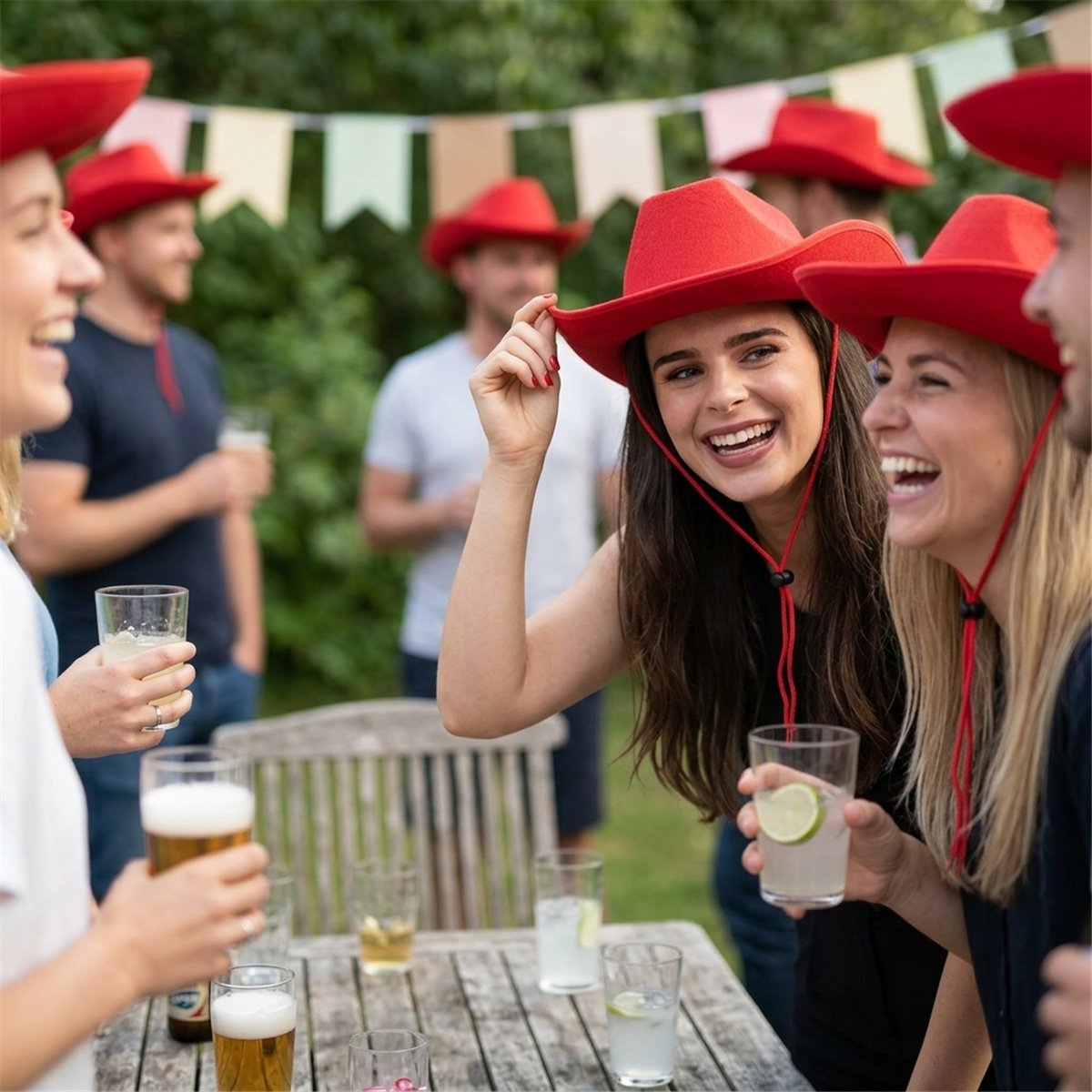Cowboyhat &ndash; R&oslash;d Filthat med Hagesnor