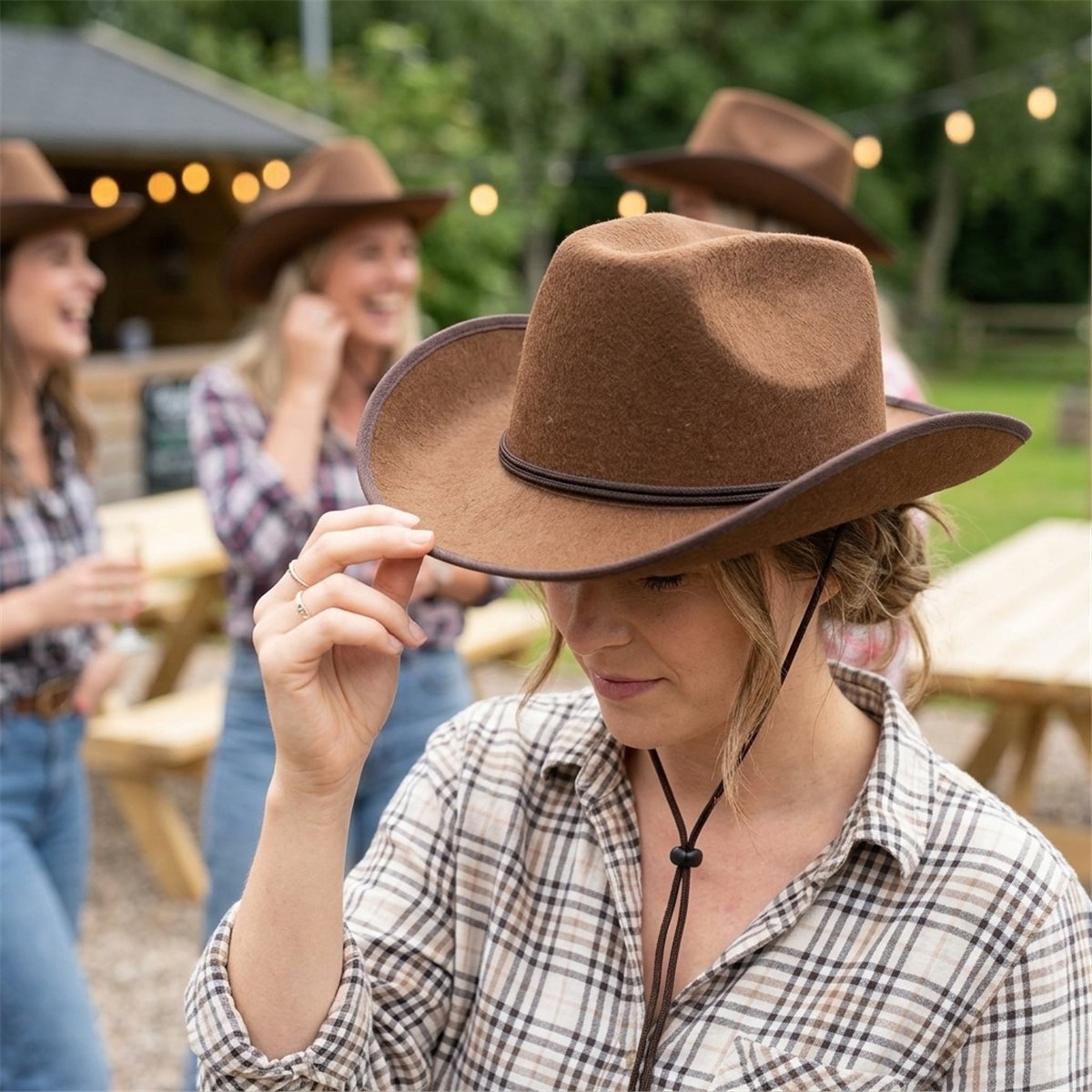 Cowboyhat &ndash; Brun Filthat med Hagesnor