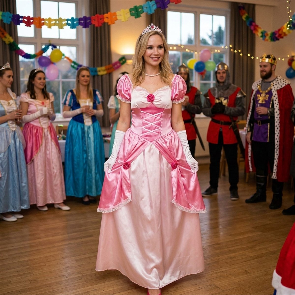 Prinsessekostume dame str. S - Lyser&oslash;d kjole med handsker
