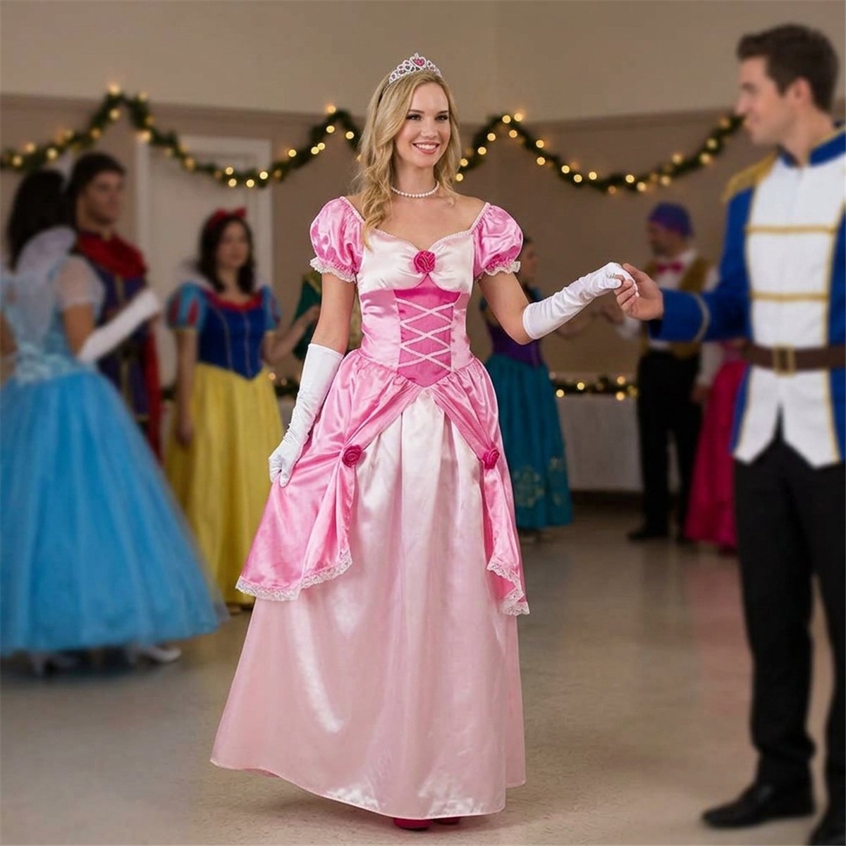 Prinsessekostume dame str. S - Lyserød kjole med handsker Prinsessekostume dame str. S - Lyserød kjole med handsker