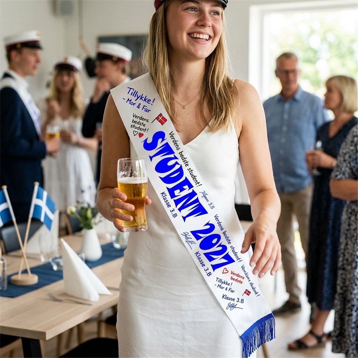Studenter 2027 Ordensb&aring;nd Hvid med Bl&aring;t Tryk 190 cm