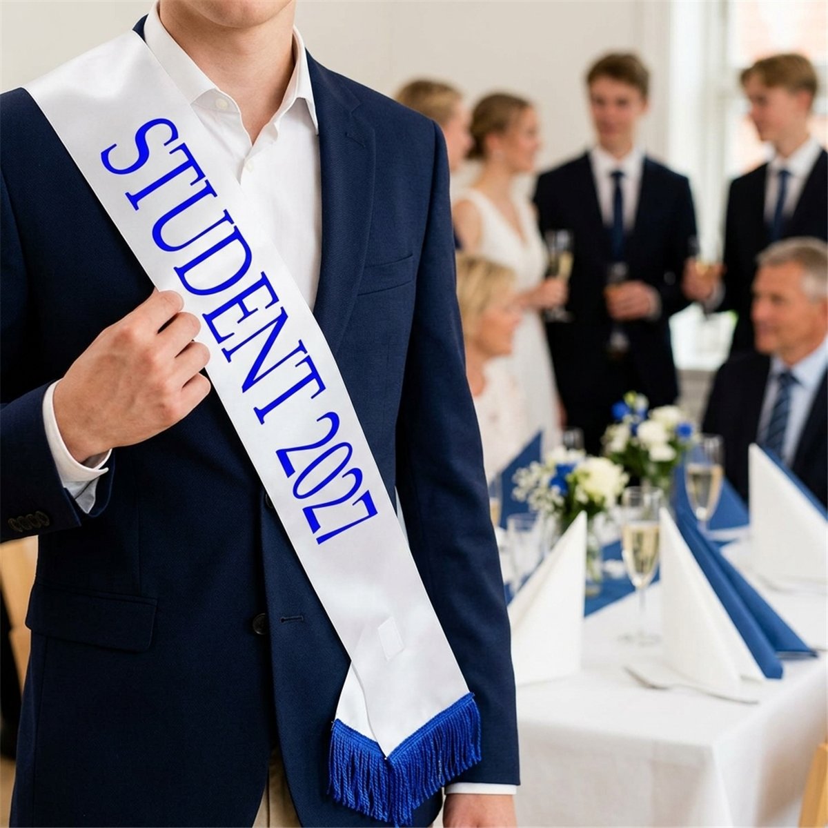 Studenter 2027 Ordensb&aring;nd Hvid med Bl&aring;t Tryk 190 cm