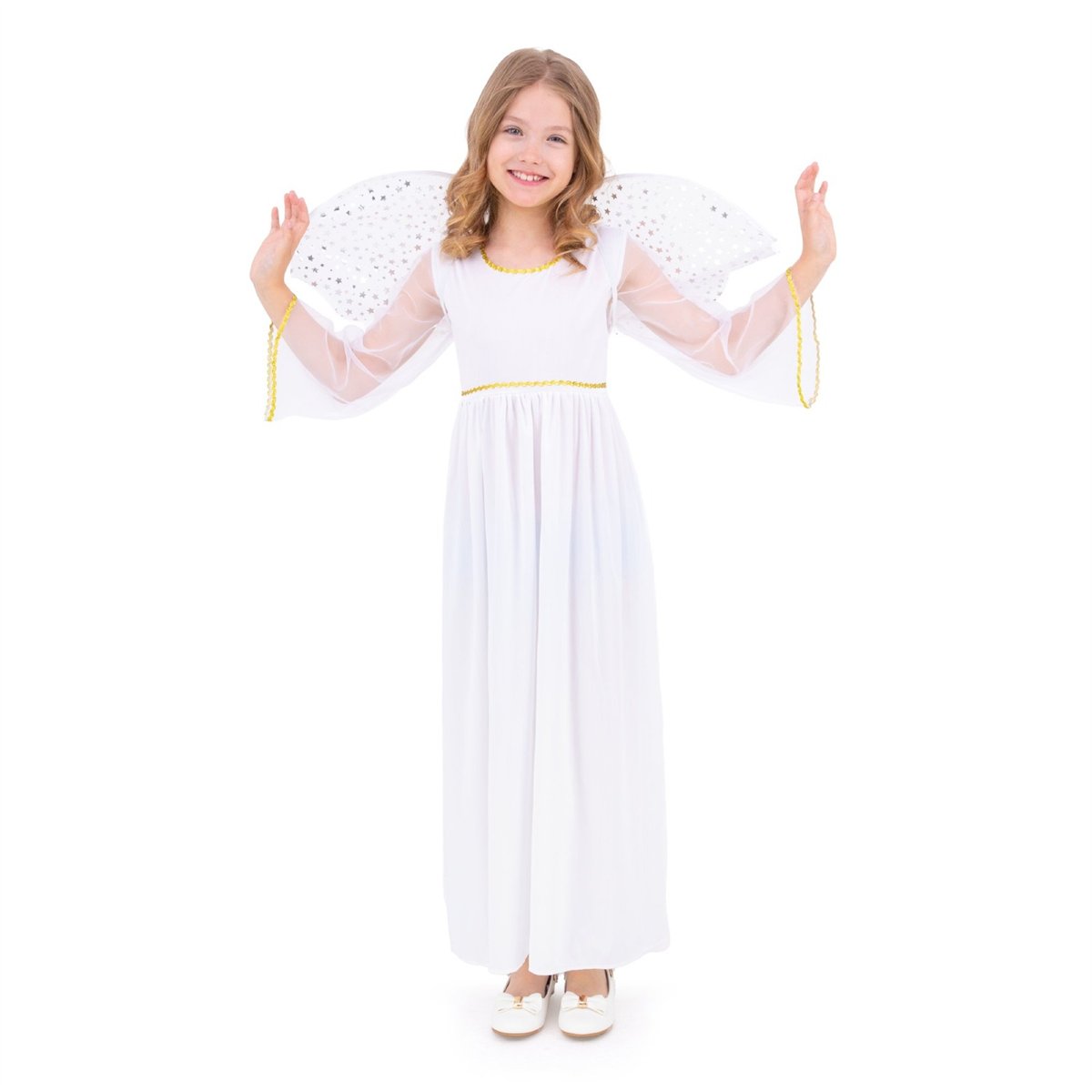 Engelkostume hvid med vinger og guldbånd 130-140 cm Engelkostume hvid med vinger og guldbånd 130-140 cm