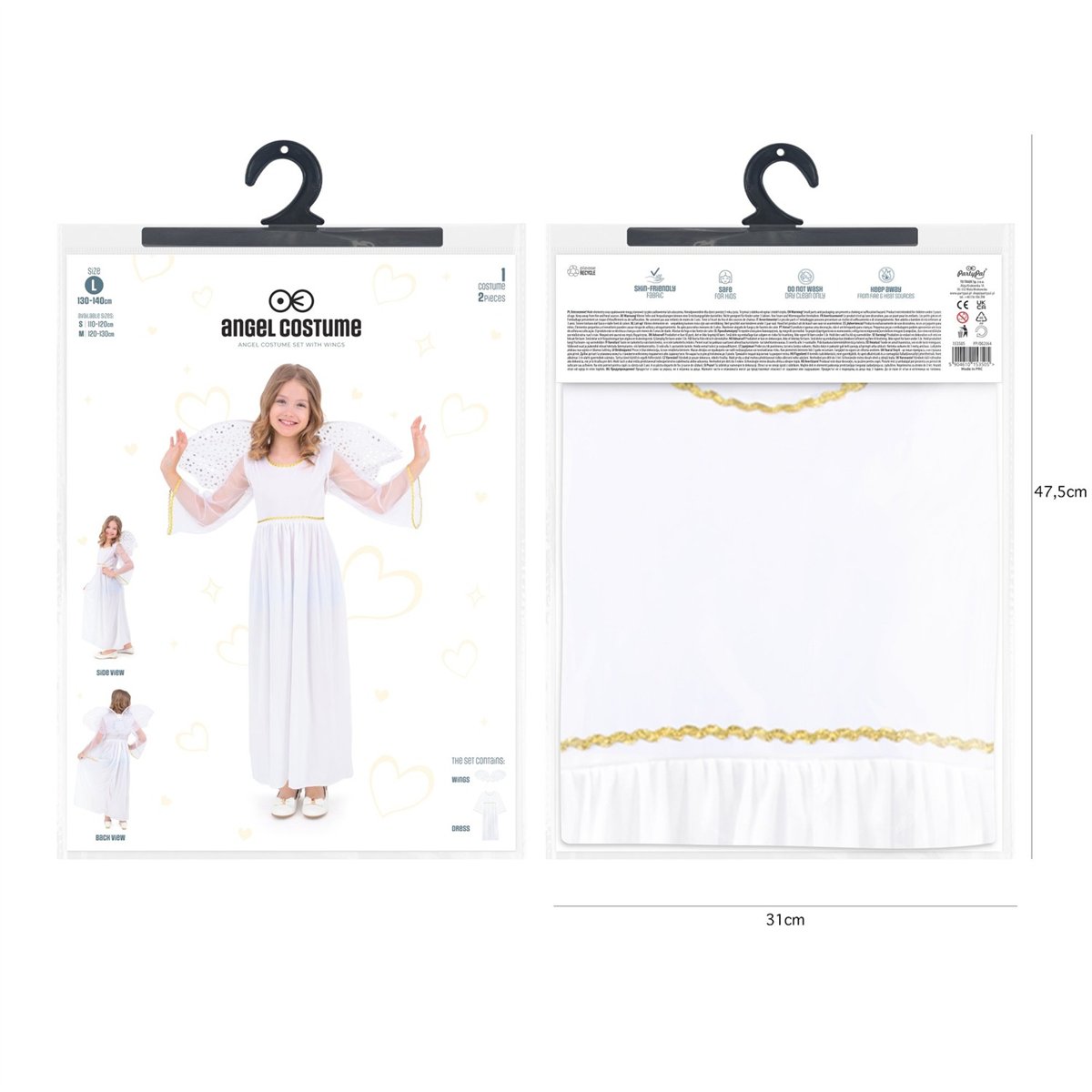 Engelkostume hvid med vinger og guldbånd 130-140 cm Engelkostume hvid med vinger og guldbånd 130-140 cm