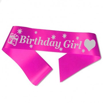 Ordensbånd Birthday Girl fuchsia sølvtryk – Justerbart velcro til fødselsdagsfest 190 cm