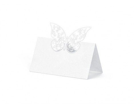 10 stk. Hvide bordkort med filigran sommerfugl. 