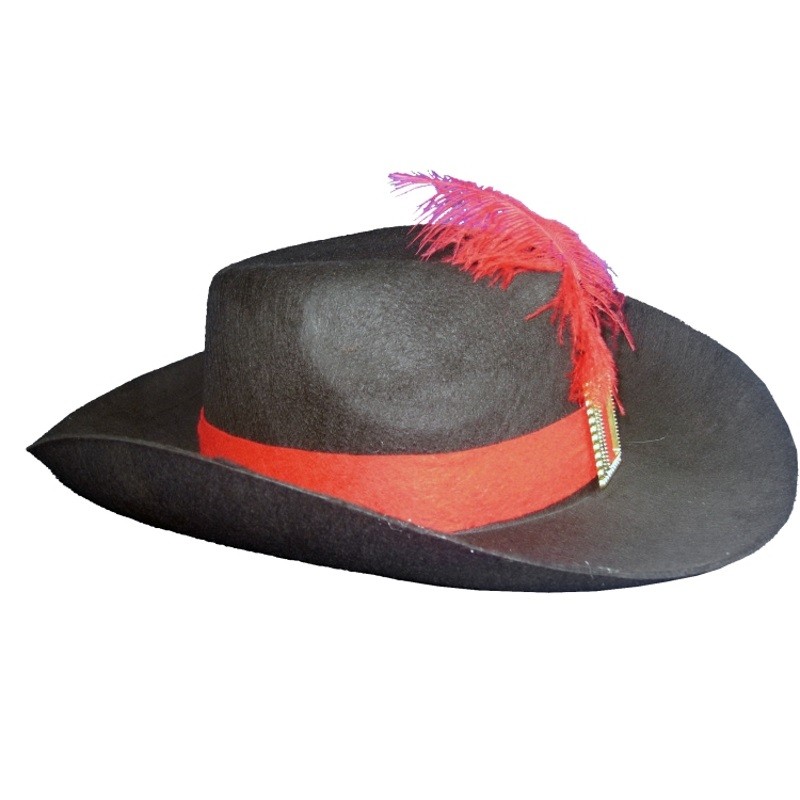 Flot sort musketer hat i filt med rødt bånd, spænde og Køb online