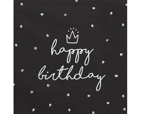 20 stk Happy Birthday servietter sort 20 stk Happy Birthday servietter sort