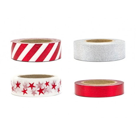 4 rl Washi Tape dekorations tape rød/sølv 4 rl Washi Tape dekorations tape rød/sølv