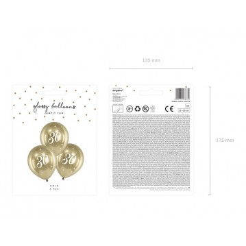 6 stk. Chrome 30 år fødselsdagsballoner- Guld 12" 6 stk. Chrome 30 år fødselsdagsballoner- Guld 12"